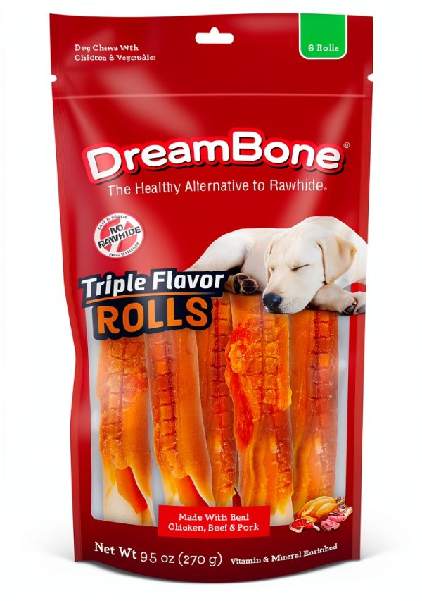 DreamBone Triple Flavor Rolls Rawhide-Free Dog Chews 6 Count Pack-0